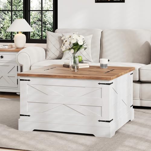 Farmhouse Coffee Table with Hidden Storage, White Square Coffee Table for Living Room, Wood Large Center Table with Hinged Lift Top for Home, Office