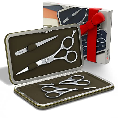 Premium Beard & Mustache Set with Beard scissors for men - Facial Hair/Nose/Eyebrow Scissors - Slant Tweezers (4 Pcs Green)
