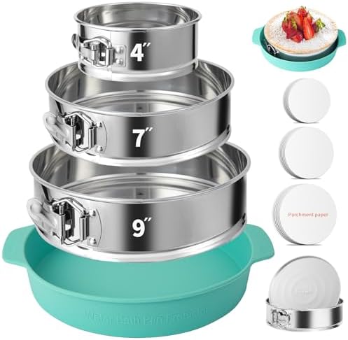 4, 7, 9 Inches Springform Pan Set - 304 Stainless Steel Nonstick Leakproof Springform Cake Pan Set with Removable Bottom, 10 Inch Silicone Cheesecake Pan Protector with 60 Pcs Parchment Paper