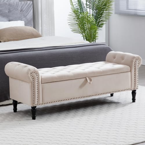 67'' End of Bed Storage Bench King Size, Storage Bench for Bedroom End of Bed, Upholstered Tufted Storage Ottoman Benches with Arms for Living Room, Entryway, Velvet Beige