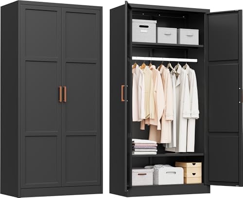 INTERGREAT Metal Storage Cabinet with Hanging Rail, Black Armoire Wardrobe Closet with 2 Doors,71" H Storage Closet Cabinets with Adjustable Shelves and Removable Hanging Rods