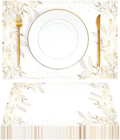 50 Pack Golden Leaves Paper Placemats Disposable Golden Polka Dots Paper Place Mats 11 x 17 Inch Vintage Paper Table Mats Party Decorative Paper for Wedding Banquet Party Home Dining Table Decor