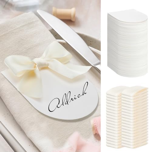 100 Pack Wedding Place Cards with Bow Ribbon Blank Writable Printable 3.5x2.7inch Name Tags Arch Design Escort Seating Cards for Wedding Thank You Table Dinner Parties Receptions(Ivory White)
