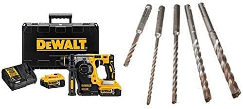DEWALT DCH273P2 20V Max Brushless SDS Rotary Hammer with 5 Ah Batteries with DEWALT DW5470 5-Piece Rock Carbide SDS Plus Hammer Bit Set