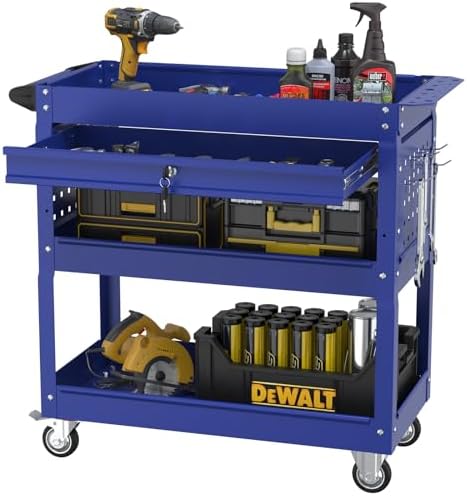 3 Tier Rolling Storage Cart, Heavy Duty Utility Industrial Service Cart on Wheels, Metal Tool Cart with Locked Drawers, Ideal for Garage, Warehouse and Repair Shop（Blue）