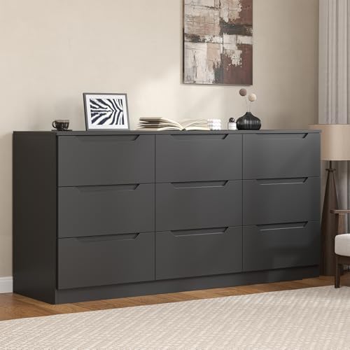 Winkalon 9 Drawer Dresser,62” Wide Chest of 9 Drawer Dresser, Modern Storage Cabinets with Large Wood Drawers for Bedroom, Living Room, Entryway, Hallway Black