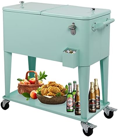 VINGLI 80 Quart Rolling Ice Chest on Wheels, Portable Patio Party Bar Drink Cooler Cart, with Shelf, Beverage Pool with Bottle Opener,Water Pipe