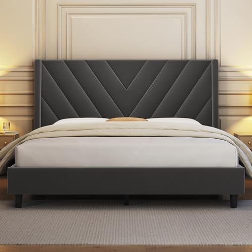 Yaheetech Full Bed Frame Upholstered Platform Bed with Wing Side Tufted Headboard/Sturdy Wooden Slat Support/No Box Spring Needed/Mattress Foundation,Dark Gray Full Bed