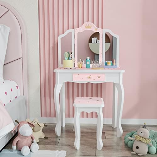 JOYMOR Kids Princess Vanity Table and Chair Set, Kids Vanity Set with Mirror, Makeup Dressing Table with Two 180° Folding Mirror for Girls Age 4-9