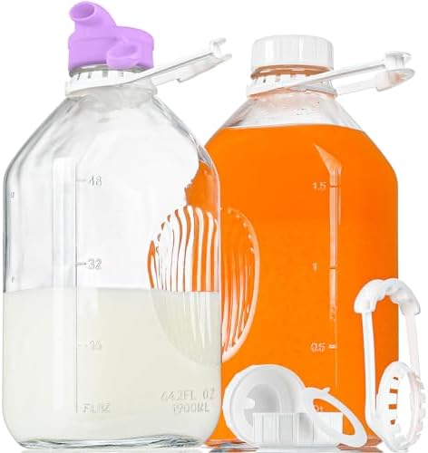 2 Pack 64 Oz Heavy Duty Glass Milk Bottle with 1 Silicone Spout and 3 Reusable Airtight SCREW LID, 2 Qt Glass Water Bottle with 2 Exact Scale Lines - Milk Jug Pitcher - 1/2 Gal Juice Bottles