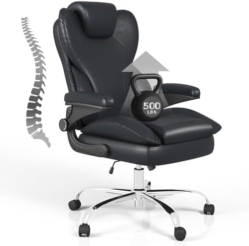 Big and Tall Office Chair, Ergonomic Home Computer Desk Leather Chair with Padded Flip-up Arms, 360°Swivel Free, High Back Executive Office Chair, for Adult Working Study, Black