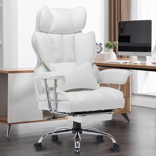 Efomao Big and Tall Office Chair 400lbs – PU Leather Executive Office Chair with Lumbar Support & Leg Rest, Heavy-Duty Computer Chair for Home Office, White