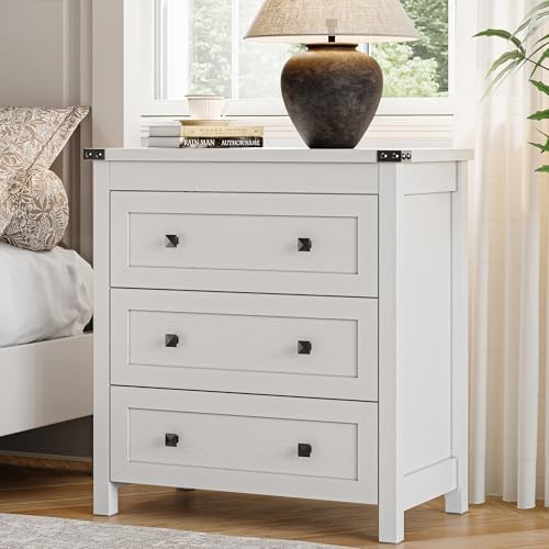 Dresser for Bedroom with 3 Drawers, Small Chests of Drawers, 27.55" Wide Farmhouse Wood Nightstand Bedside Cabinet End Table, Modern Closet Storage Organizer for Living Room, Entryway, Hallway, White