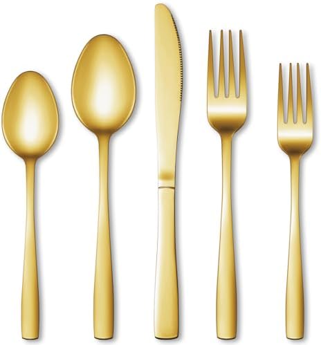 20 Pcs Gold Silverware Set, Stainless Steel Flatware Set for 4, Food-Grade Cutlery Set, Mirror Polished Tableware Eating Utensils Set for Home Kitchen, Include Knife Fork Spoon Set, Dishwasher Safe