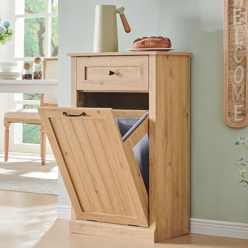 Tilt Out Trash Can Cabinet, 10 Gallon Farmhouse Laundry Hamper Cabinet with Drawer, Hidden Wooden Trash Garbage Can Bin with Storage Basket for Kitchen, Living Room (Natural)