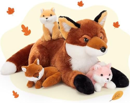 4Pcs Fox Stuffed Animal Set, Large Mommy Red Fox Plush 22 Inch with 3 Baby Foxes in Her Zippered Tummy, Christmas Plushie Toy Gift for Girls and Kids