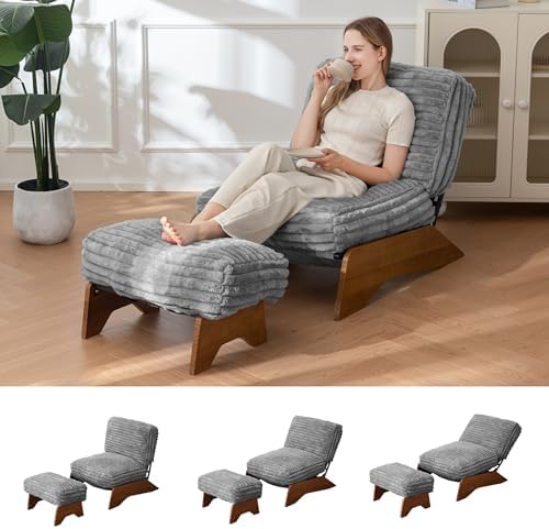 MAXYOYO Modern Adjustable Accent Chair with Ottoman, Upholstered Living Room Chair with Footrest Set, Soft Reclining Lounge for Bedroom, Apartment, Office, Grey