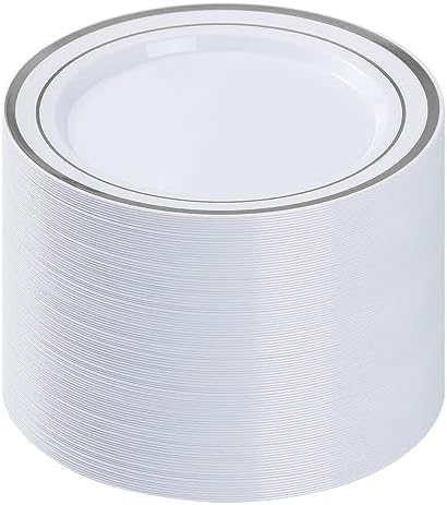 BESTVIP 100PCS Silver Plastic Plates, 10.25 Inch Disposable Dinner Plate Party with Silver Rim for Christmas, Thanksgiving, Heavy Duty Disposable Plastic Plates for Party, Wedding and Birthday, Events