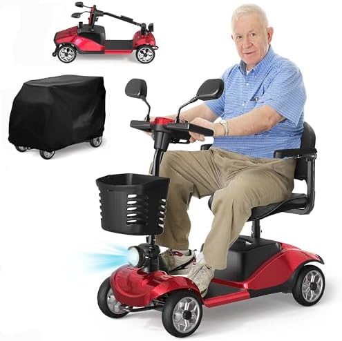 4-Wheel Mobility Scooter for Seniors, Foldable Electric Scooter, Lightweight Powered Electric Wheelchair, Compact Heavy Duty Scooter with Electromagnetic Brake, Rotating Seat, 350LBS Capacity-Red