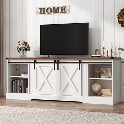 Farmhouse TV Stand for 70/75/80 Inch TV, 70 inch Entertainment Center Storage Cabinets with Sliding Barn Doors, Media Console Cabinet for Living Room, White