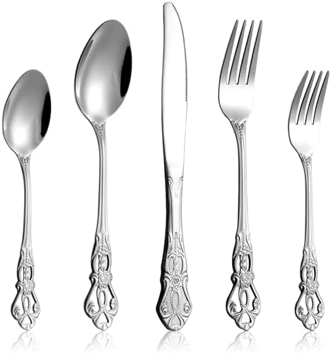 40 Pieces Retro Royal Silverware Set for 8, Stainless Steel Flatware Set, Dishwasher Safe Dinnerware Set Including Forks Spoons and Knives, Vintage Cutlery Set for Wedding, Party and Christmas