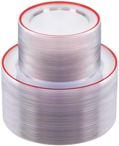 200PCS Red and Clear Plastic Plates, Disposable Plate Set with 100 Dinner Plate and 100 Dessert Plates for Party, Christmas, Valentine's Day