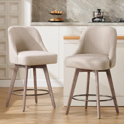 Bekrvio Counter Height Bar Stools Set of 2, Modern Mid-Century Swivel Barstools with Backs and Wood Legs, Linen Fabric Upholstered Bar Chairs, 26" Seat Height Counter Stools for Kitchen Island, Sand