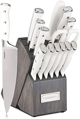 Cuisinart 15-Piece Knife Set with Block, High Carbon Stainless Steel, Forged Triple Rivet, White/Charcoal Gray C77WTR-15PCG