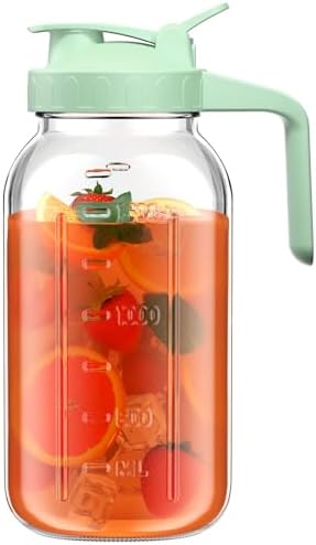 64 oz Glass Pitcher with Lid, Large Wide Mouth Mason Jar with Pour Spout, Green Sun Tea Glass Jar for Outside, Drink Pitcher Great for Drink, Cold Beverages and Breast Milk