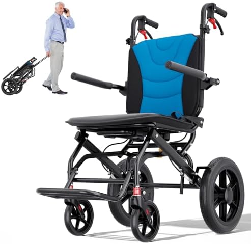 Lightweight Foldable Transport Wheelchair for Adults & Seniors - 12” All Terrain Wheel, Double Handbrake, Holds 220 LBS, Portable for Travel & Daily Use Chairs
