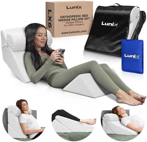Lunix 3pcs Orthopedic Bed Wedge Pillow Set, Post Surgery Memory Foam for Back, Leg, and Knee Pain Relief, Adjustable Sitting Pillow for Sleeping, Acid Reflux, and GERD, with Hot Cold Pack, White