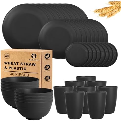 40 PCS Wheat Straw Dinnerware Sets - Unbreakable Dishes Set | Service for 8, Microwave Safe Plates and Bowls Sets, Drinking Cups | Dishwasher and Microwave Safe Kitchen Dish Set - Black