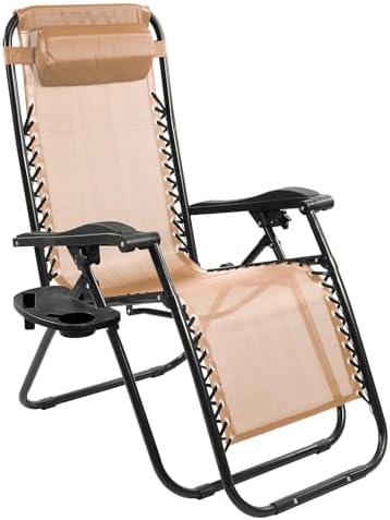 Zero Gravity Chair with Cup Holder & Removable Pillow, Adjustable Reclining Outdoor Patio Folding Chairs for Adults Portable Lounge Chair Furniture for Poolside, Lawn, Beach, Camping, Beige