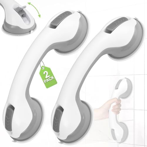 Auroras 12 Inch Grab Bars for Bathtubs and Showers with Suction Cup, Removable Shower Grab Bars for Seniors, No Drilling Heavy Duty Shower Handle for Bathroom Safety, Handicap Grab Bars, Grey (2 Pack)