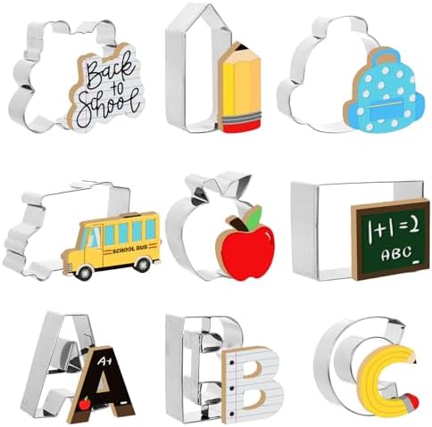 9Pcs Back to School Cookie Cutter Stainless Steel Pencil School Bus Alphabet ABC Shape Cookie Cutting Molds Biscuit Cutters for Parties DIY Craft Baking Supplies