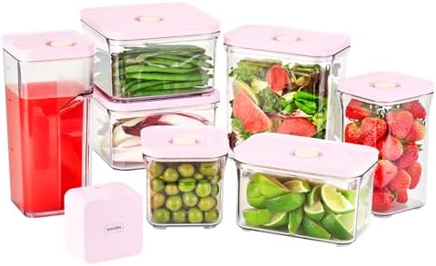 VAKUEN Premium Airtight Food Storage Containers ROSE 8P/SET, 6pcs Container, 1pcs Water Pitcher and Vacuum Sealer. Patented Double Silicone Lining, 100% Leak Proof, BPA-FREE