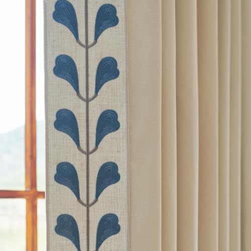 Cotton Linen Solid Colour Curtains, Beige Pinch Pleat Curtains with Embroidered Trim for Living Room, Sliding Patio Doors Bedroom (50Wx96L (Set of 2))
