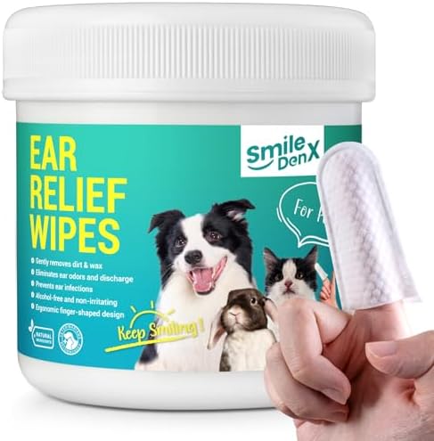 Dog Ear Cleaner Finger Wipes - Gently Remove Ear Wax & Debris, Relieve Ear Itching & Inflammation - Soothing Cleansing Deodorizing Ear Care Wipes for Cat and Dog (50 Pcs, Unscented)