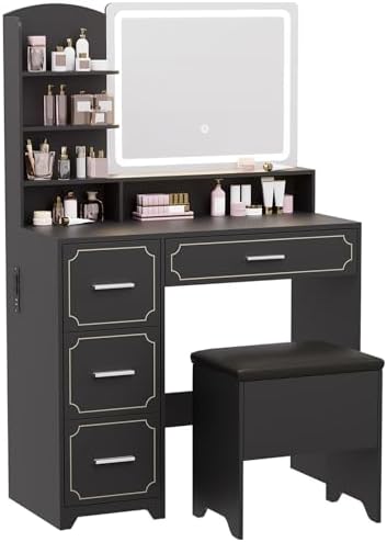 Vanity Table with LED Mirror & Power Outlet - 5 Open Shelves, 4 Drawers - Includes Padded Stool - Ideal Bedroom Makeup Dressing Table （Black）