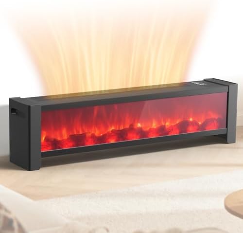 LifePlus Electric Fireplace Heater,1500W Baseboard Heater for Large Rooms, Realistic Flame Effect, Adjustable Temperature Thermostat, Remote Control, Safe, Ultra Quiet for Home Office