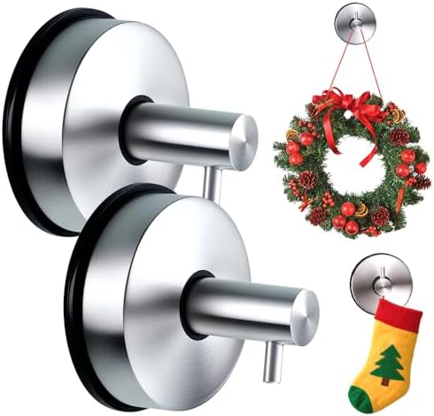 Suction Cup Hooks for Door Wreaths on Glass Suction Cup Hooks for Shower,2025 No Drill Hook Hanging Towels for Window Door Bathroom Mirrors Christmas,Wreath Hanger Holder for Daily Use (Silver-2pc)
