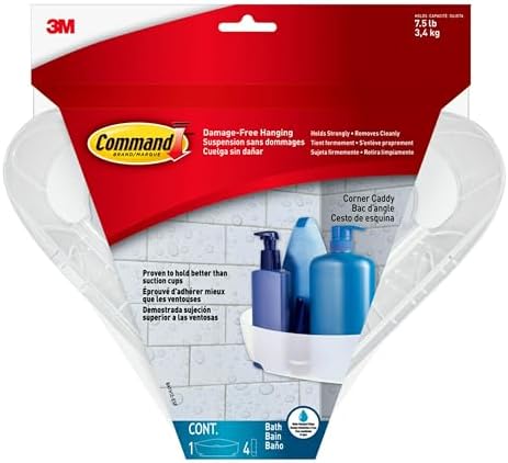 Command Corner Caddy with Water-Resistant Strips, 1 Caddy with 4 Mounting Bases and 4 Command Strips, Bathroom Organizer for Bathroom Decor
