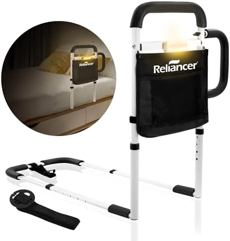 RELIANCER Bed Safety Rail for Elderly Adult w/Motion Light & Storage Pocket,Dual Handle Assist Grab Bar for Seniors,Adjustable Bedside Support Railing,Bed Side Assist Guard Rail,Bedside Hand Guard Bar