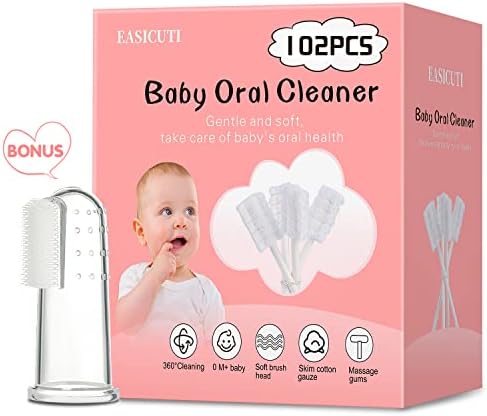 102PCS Baby Tongue Cleaner,Baby Oral Cleaner Newborn Baby Toothbrush,Disposable Infant Toothbrush Clean Baby Mouth,Gauze Gum Cleaner Stick Dental Care for 0-36 Month Baby+1 Finger Toothbrush with Case