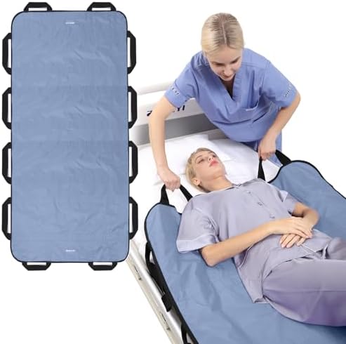 Multipurpose 72" x 40" Positioning Bed Pad with Reinforced Handles - Reusable & Washable Transfer Sheet for Turning, Lifting & Repositioning - Double-Sided Nylon Fabric, Blue Gray