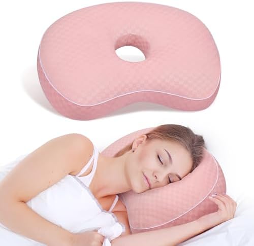 Ear Piercing Pillow for Side Sleepers with an Ear Hole for CNH and Ear Pain Ear Inflammation Pressure Sores, Cotton and Polyester Adjustable Filling Washable and Adjustable Ear Guard Pillow, Pink