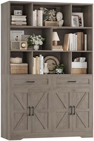 HOSTACK 71" Tall Bookcase with Drawers and Doors, 47" Wide Book Shelf and Bookcase with Storage, 6 Tier Large Book Storage Cabinet with 14" Deep Display Shelves for Living Room, Home Office, Ash Grey