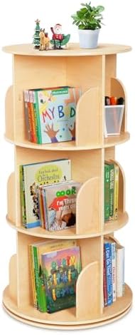 OOOK Kids Rotating Bookshelf, Small Corner Bookshelf for Small Space, 360Â° Display 3 Tier Floor Standing Bookcase Storage Rack, Wooden Narrow Bookcase Organizer for Bedroom, Living Room