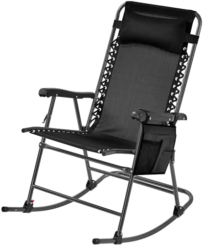Yaheetech 26in Rocking Chair Outdoor Zero Gravity Folding Chairs Rocking Chairs Foldable Outdoor Reclining Lounge Chair for Outside Lawn with Cupholder/Pillow Ergonomic Design for Rest, Black