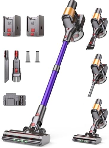 Cordless Vacuum Cleaner, 2 Batteries 120 Mins Runtime, 550W 45KPA Stick Vacuum with Self-Standing, Tangle-Free Brush, LED Display, Vacuum Cleaner for Home Hardwood Floor, Carpet, Pet Hair